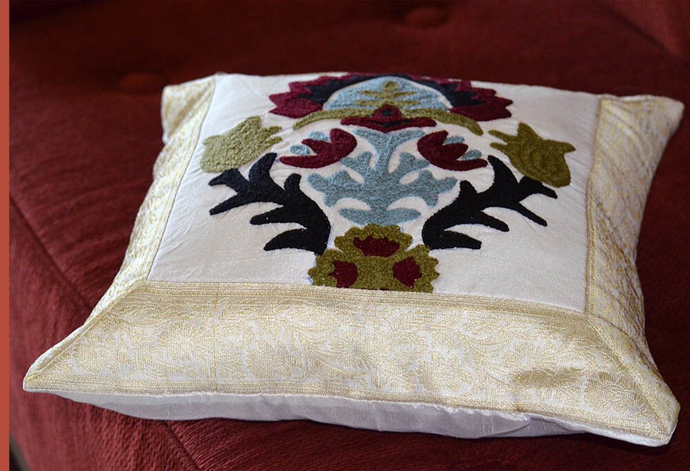 Silk Brocade Suzani Embroidered Beige Pillow Cover - Image 3