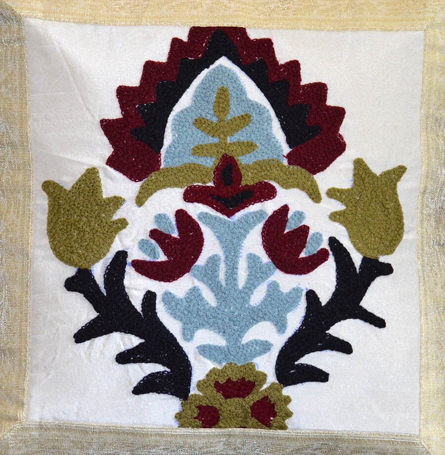 Silk Brocade Suzani Embroidered Beige Pillow Cover - Image 2