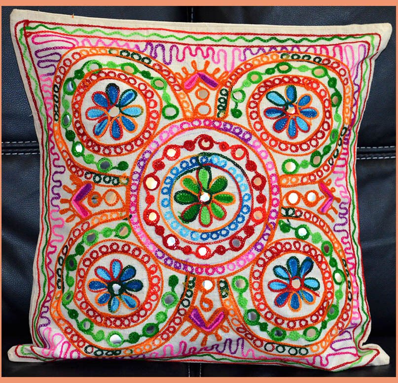 Cotton Embroidery Hand Made Beige White Pillow Cover