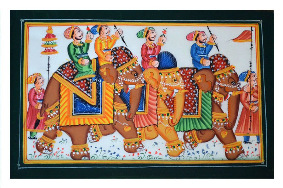 Mughal King And Queen Procession Scene Miniature Painting