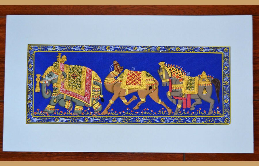Decorated Elephant, Camel And Horse Silk Miniature Painting