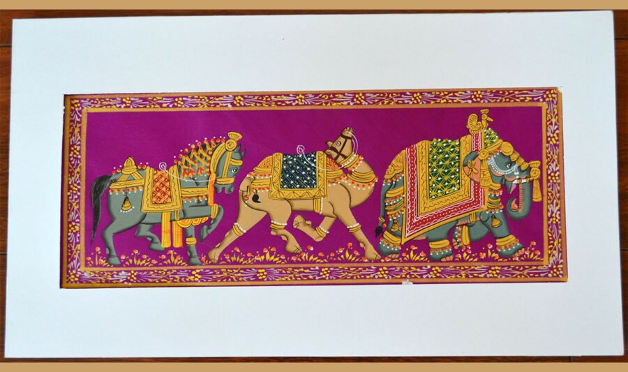 Decorated Elephant, Camel And Horse Silk Miniature Painting