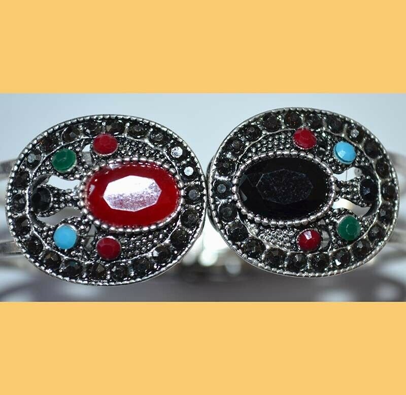 Oxidized Metal Black Onyx And Ruby Stones Bangle Bracelet - Image 2