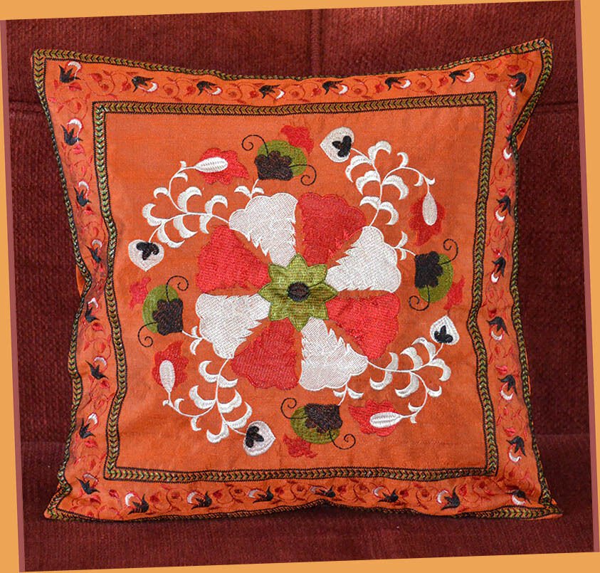 Dark Orange Silk Embroidered Pillow Cover