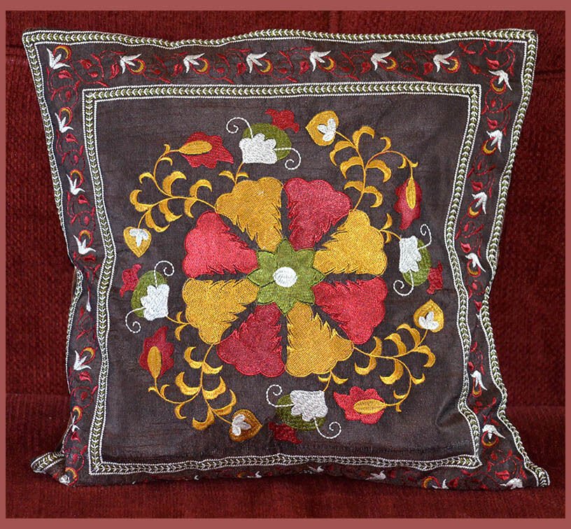 Brown Silk Embroidered Pillow Cover
