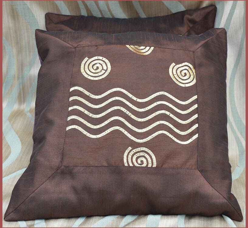 Brown silk Embroidered Pillow Cover - Image 3