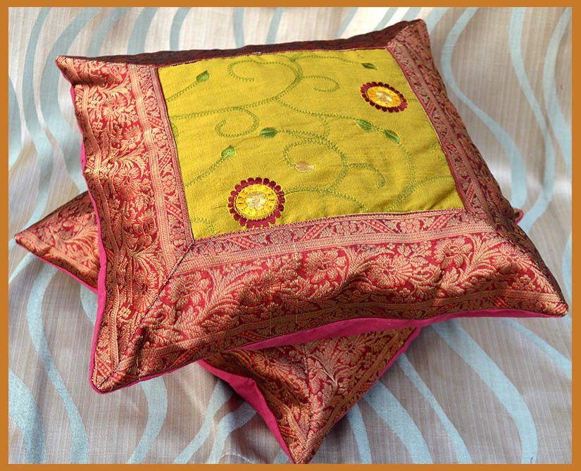 Set of 2 Red Silk Embroidered Brocade Pillow Cover