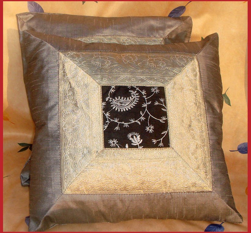 Set of 2 Gray Silk Embroidered Brocade Pillow Cover - Image 4