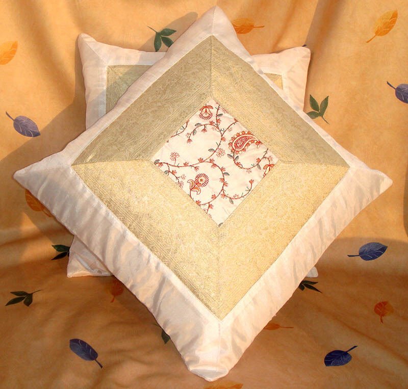 Set of 2 White Silk Embroidered Brocade Pillow Cover