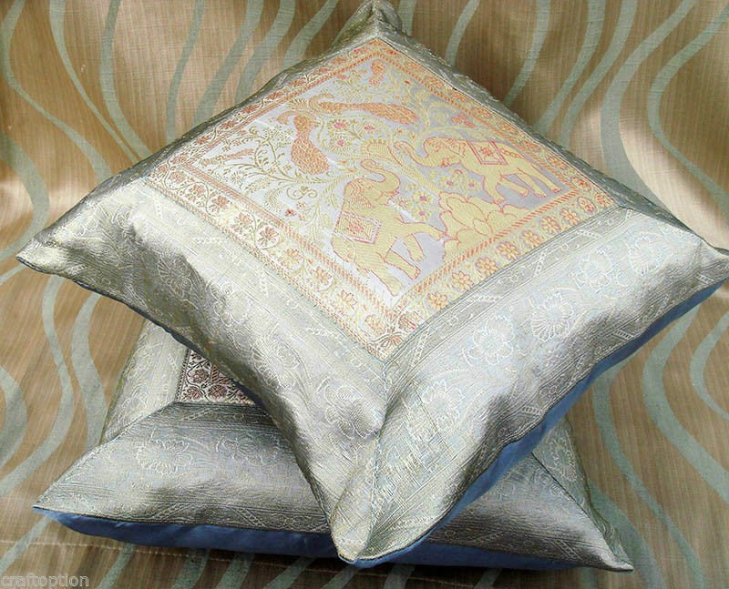 Pair (two) of Silver White Silk Brocade Pillow Cover - Image 4