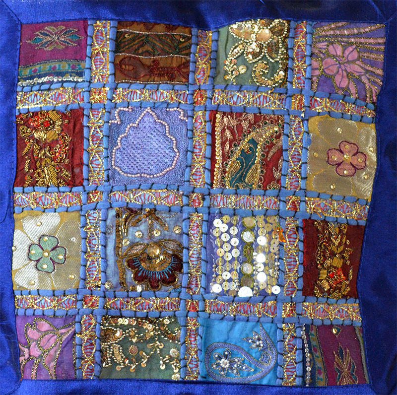 Blue Vintage Embroidered Patch Work Silk Pillow Cover - Image 5