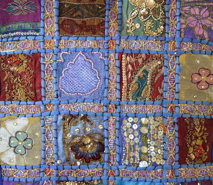 Blue Vintage Embroidered Patch Work Silk Pillow Cover - Image 4