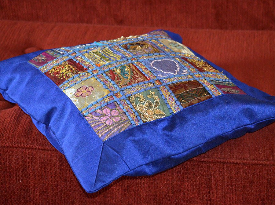 Blue Vintage Embroidered Patch Work Silk Pillow Cover - Image 3