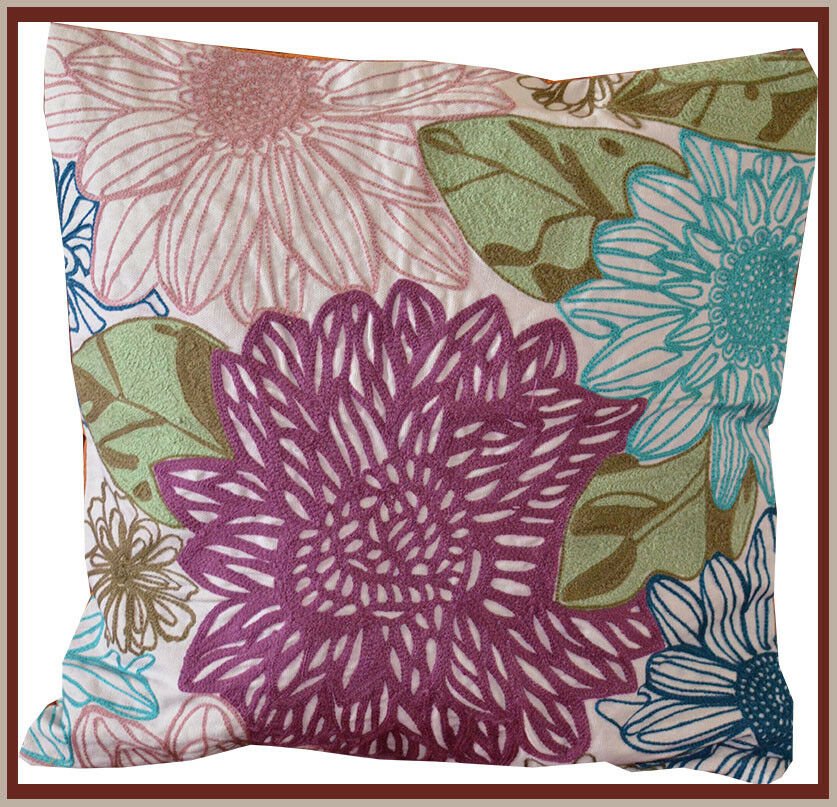 Beige Cotton Embroidered Pillow Cover