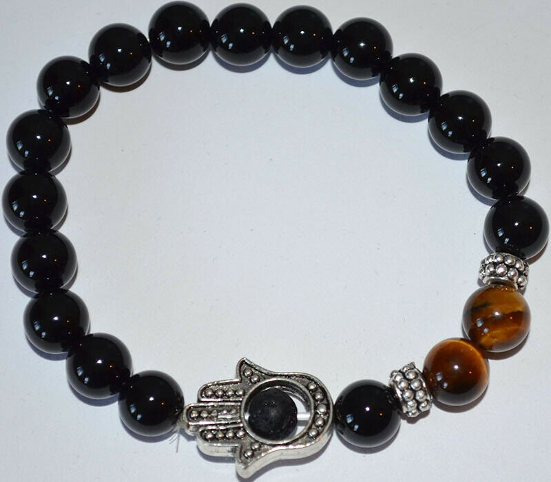 Tiger Eye Obsidian Gemstone Hamsa Bracelet - Image 3