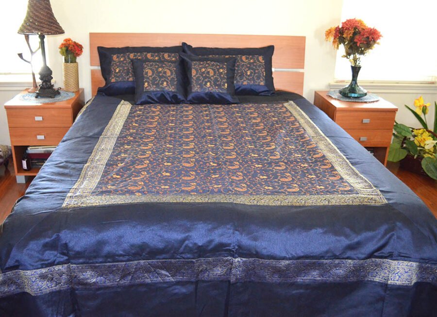 Embroidered Silk Bed Cover Flat Sheet Sham Set Full Queen