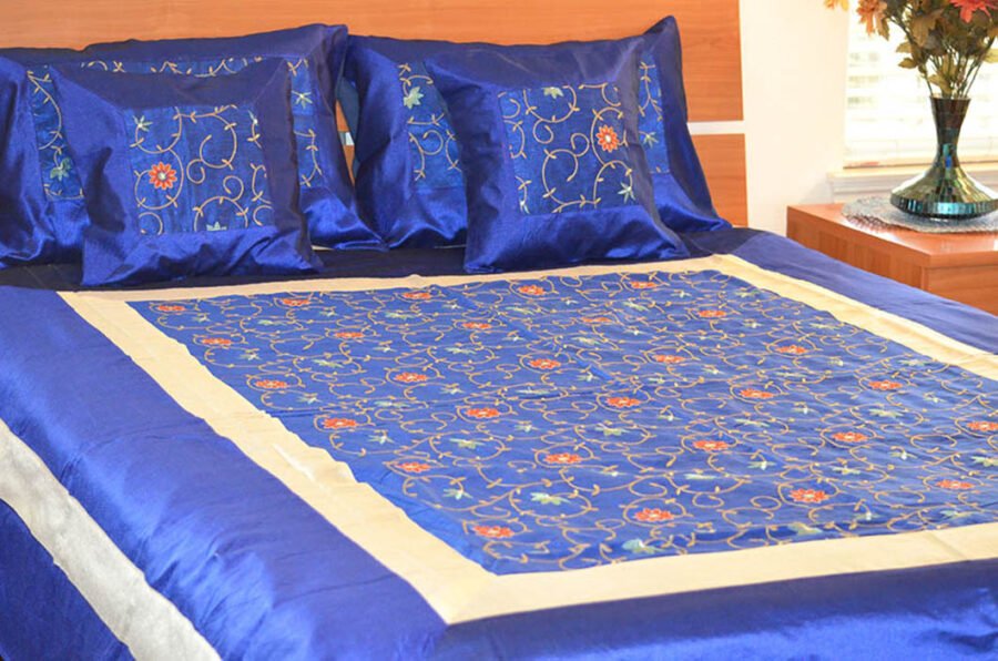 Embroidered Silk Bed Cover Flat Sheet Sham Set Full Queen