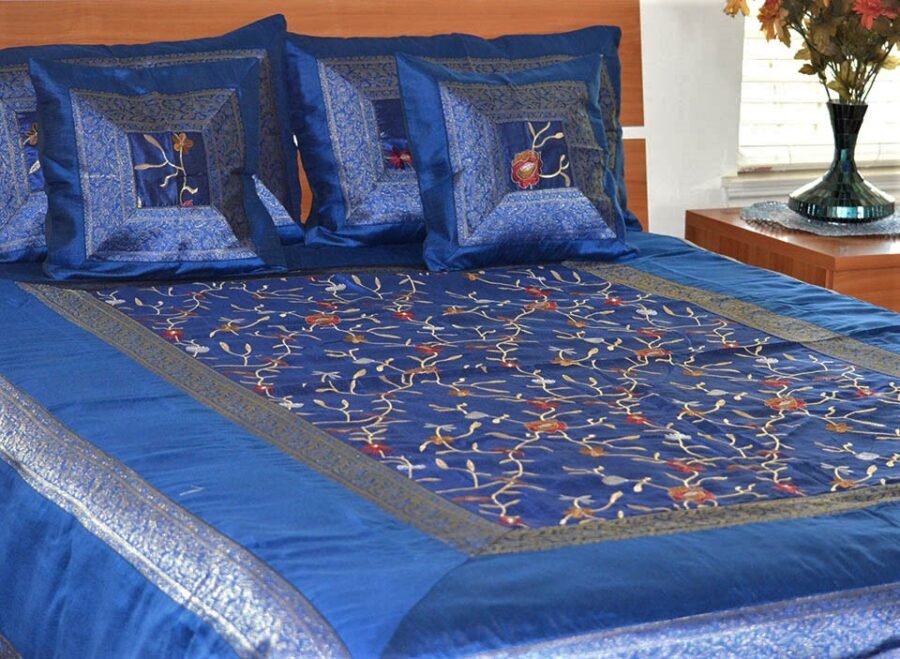 Embroidered Silk Bed Cover Flat Sheet Sham Set Full Queen