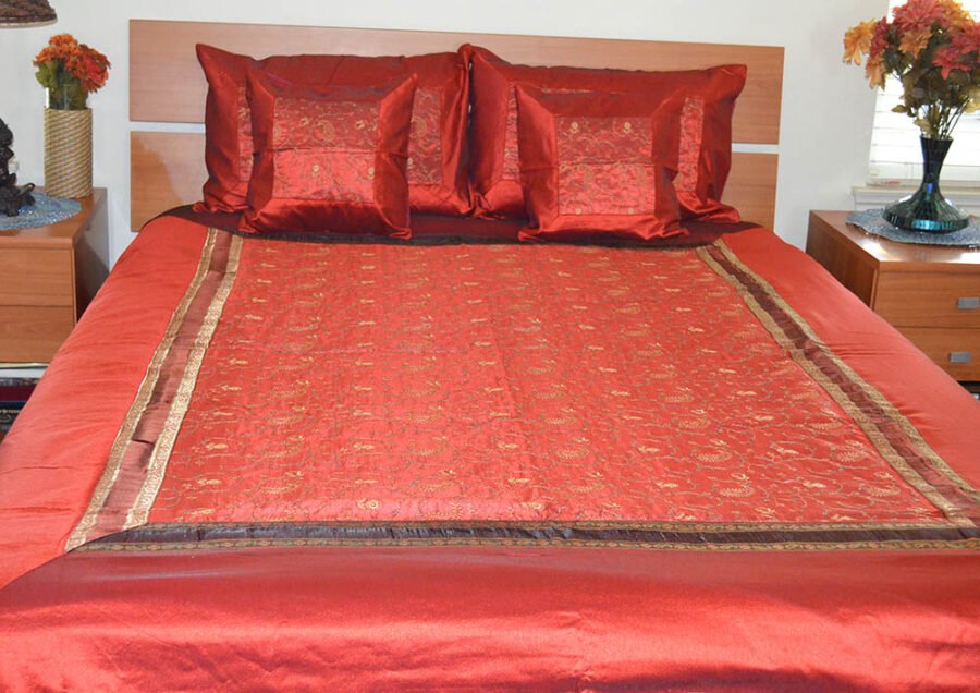 Embroidered Silk Bed Cover Flat Sheet Sham Set Full Queen