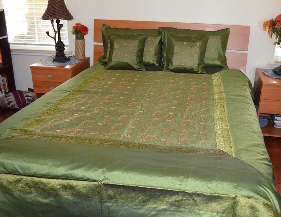 Embroidered Silk Bed Cover Flat Sheet Sham Set Full Queen