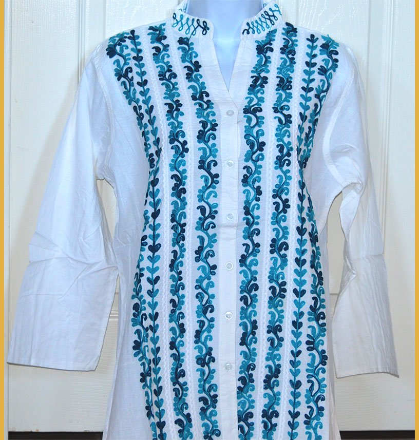 Embroidered White Cotton Tunic Top Kurti