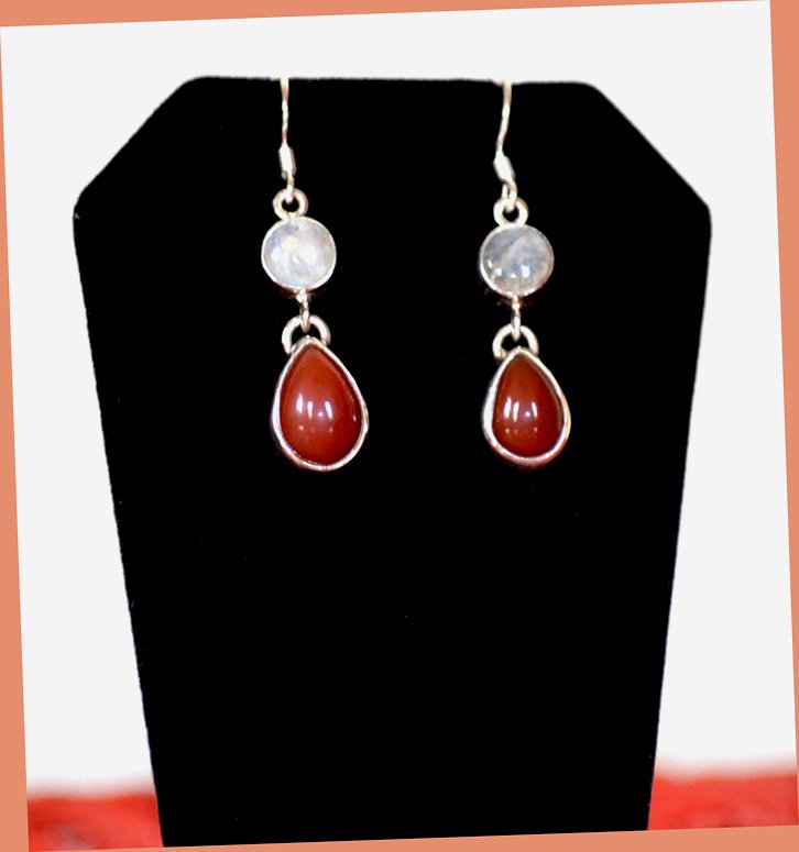 Sterling Silver Natural Carnelian and Moonstone Dangle Drop