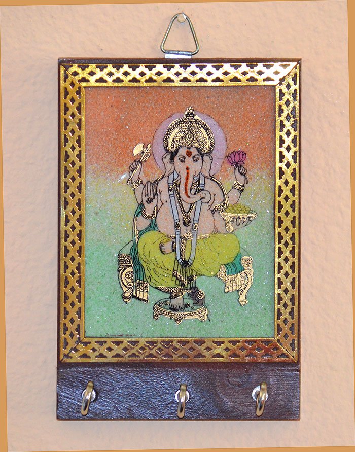 Gemstone Painting Wood Keychain, Keys Wall Holder with Three Hooks - Image 2