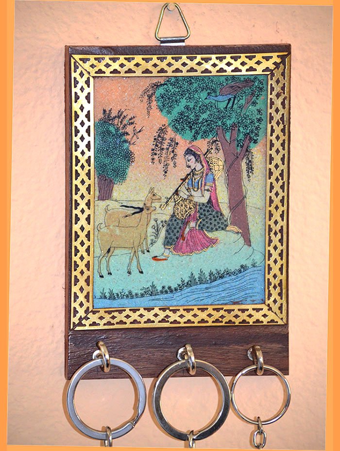 Gemstone Painting Wood Keychain, Keys Wall Holder with Three Hooks
