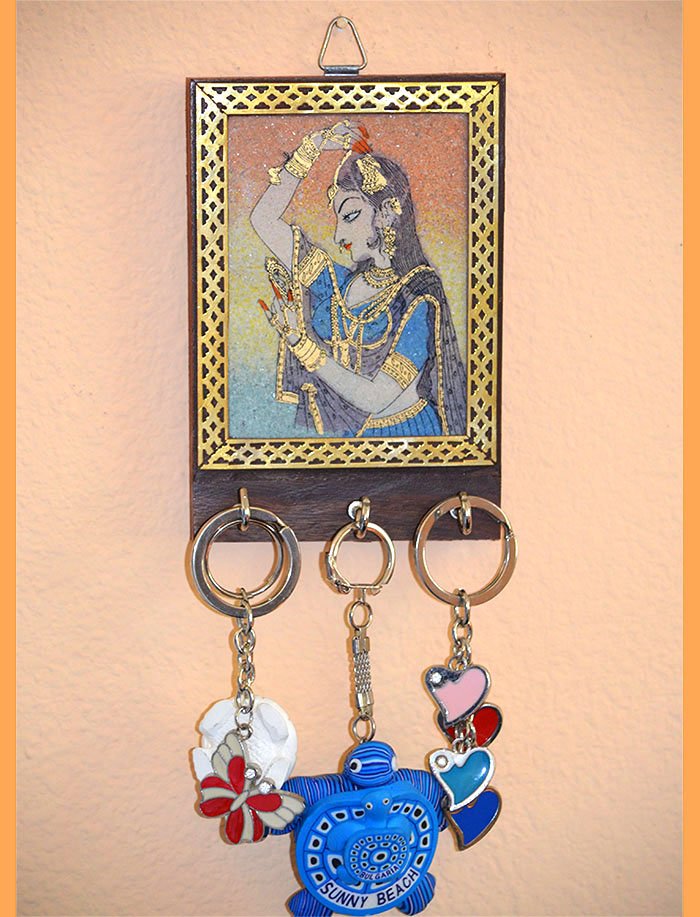 Gemstone Painting Wood Keychain, Keys Wall Holder with Three Hooks - Image 2