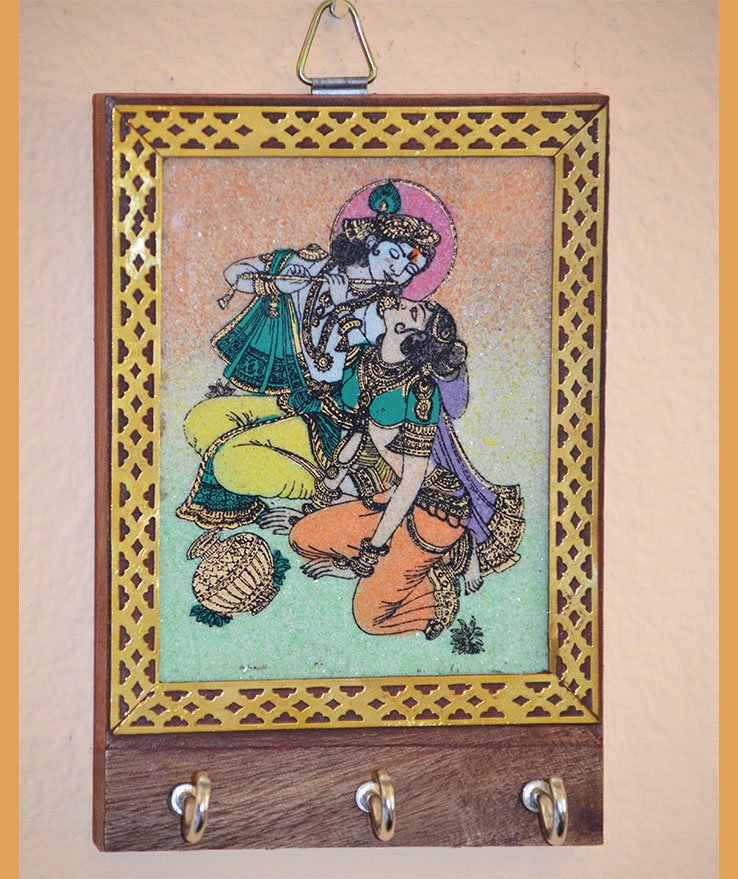 Gemstone Radha Krishna Painting Wood Key Wall Holder