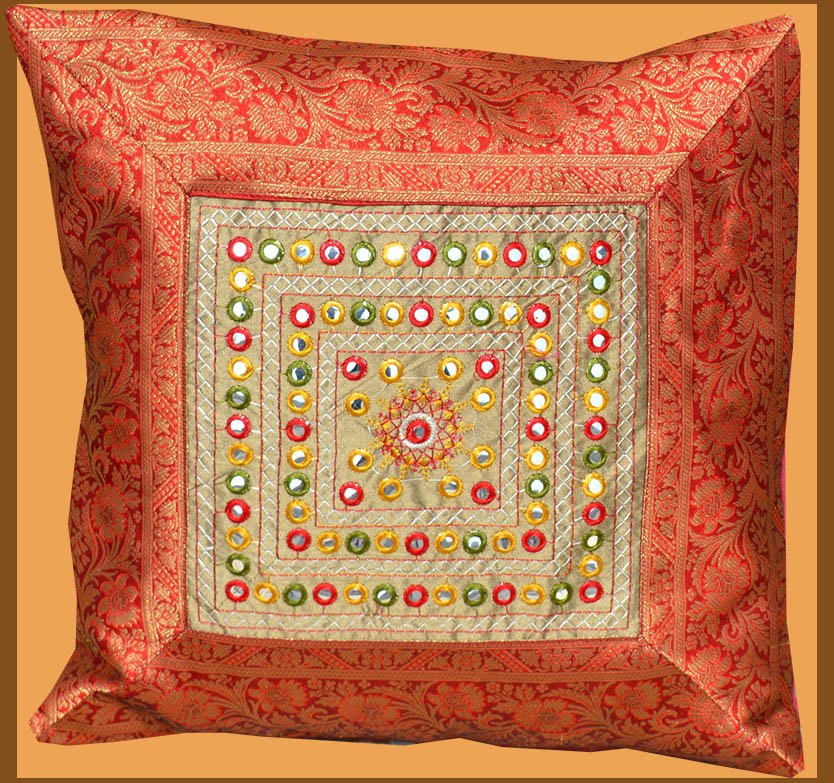 Set of 2 Red Brocade border Silk Pillow Cover - Image 2