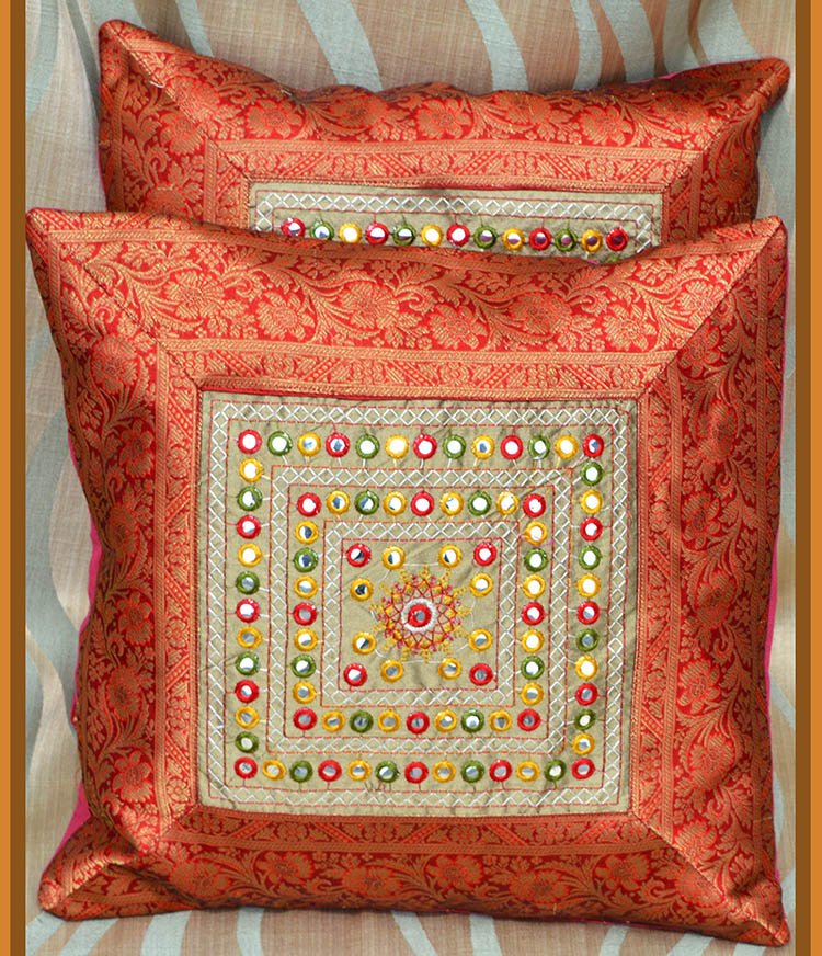 Set of 2 Red Brocade border Silk Pillow Cover - Image 3