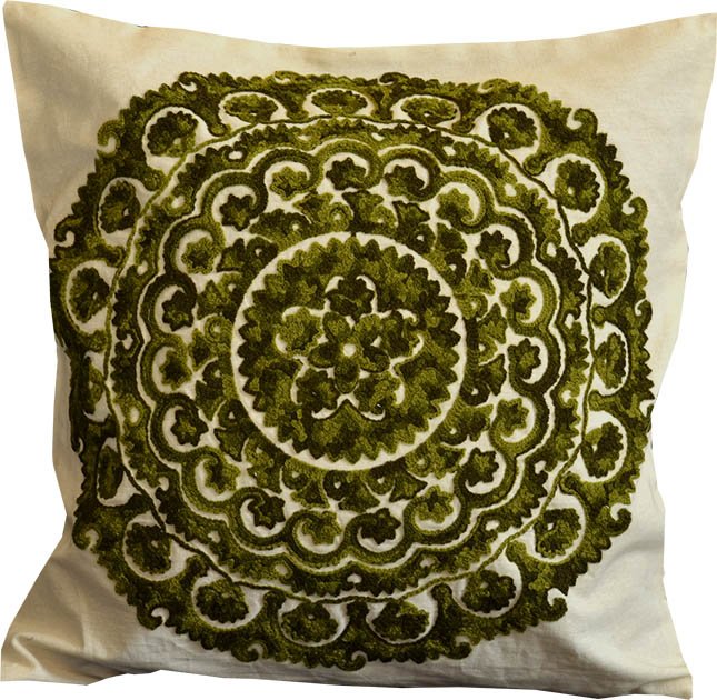 Cotton Silk Suzani Green Embroidery Pillow Cover