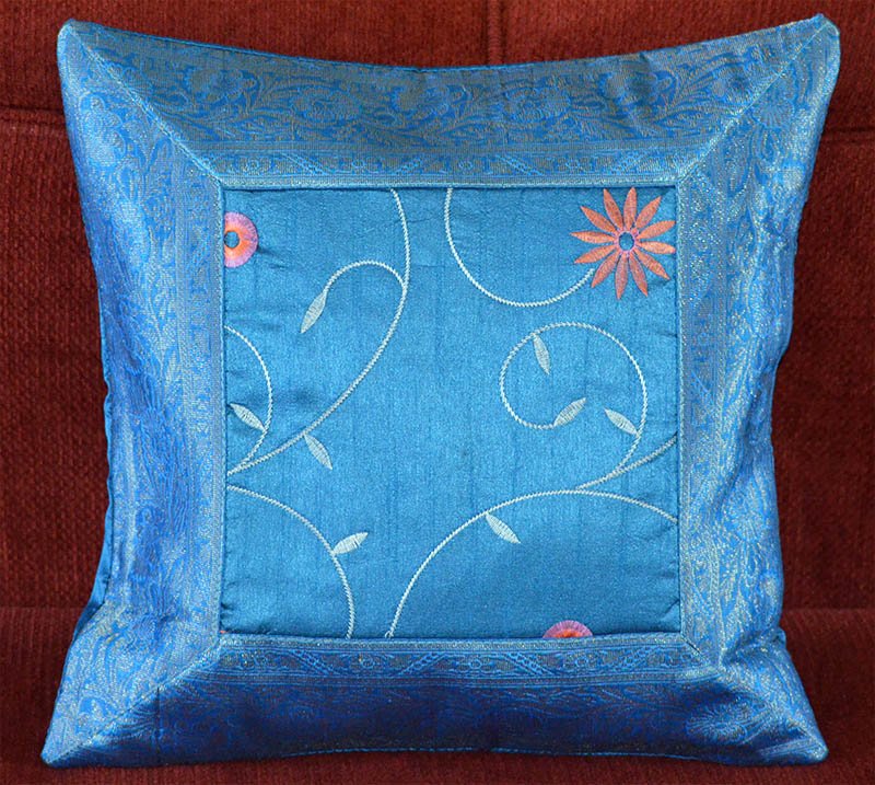 Set of 2 Turquoise Silk Embroidered Pillow Cover