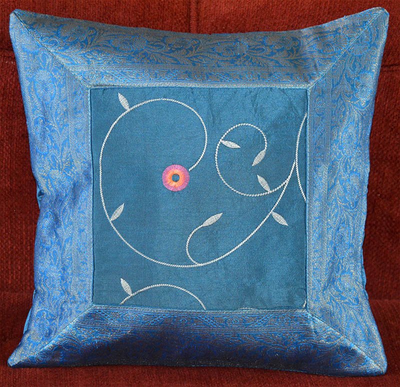 Set of 2 Turquoise Silk Embroidered Pillow Cover - Image 3