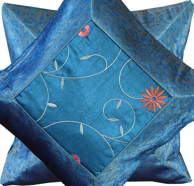 Set of 2 Turquoise Silk Embroidered Pillow Cover - Image 4