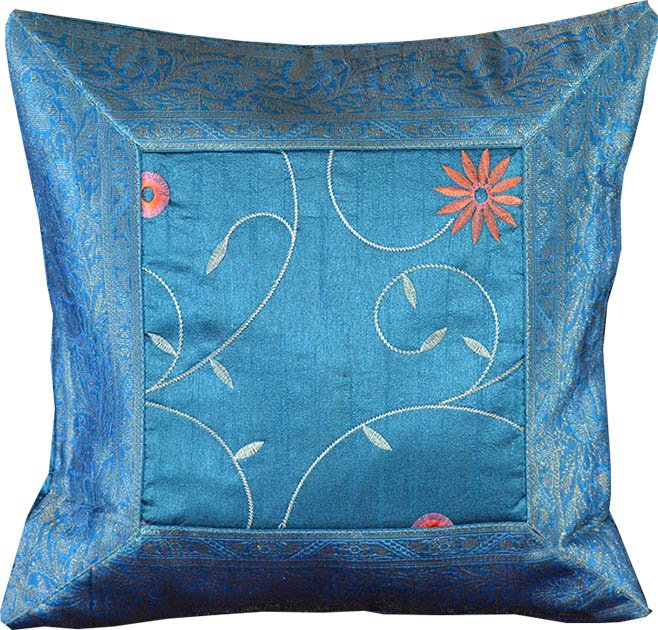 Set of 2 Turquoise Silk Embroidered Pillow Cover - Image 5