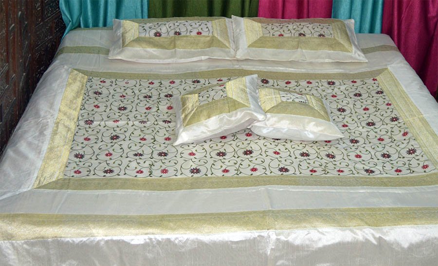 Embroidered Silk Bed Cover Flat Sheet Sham Set Full Queen