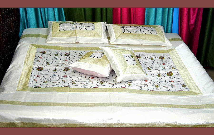 Embroidered Silk Bed Cover Flat Sheet Sham Set Full Queen