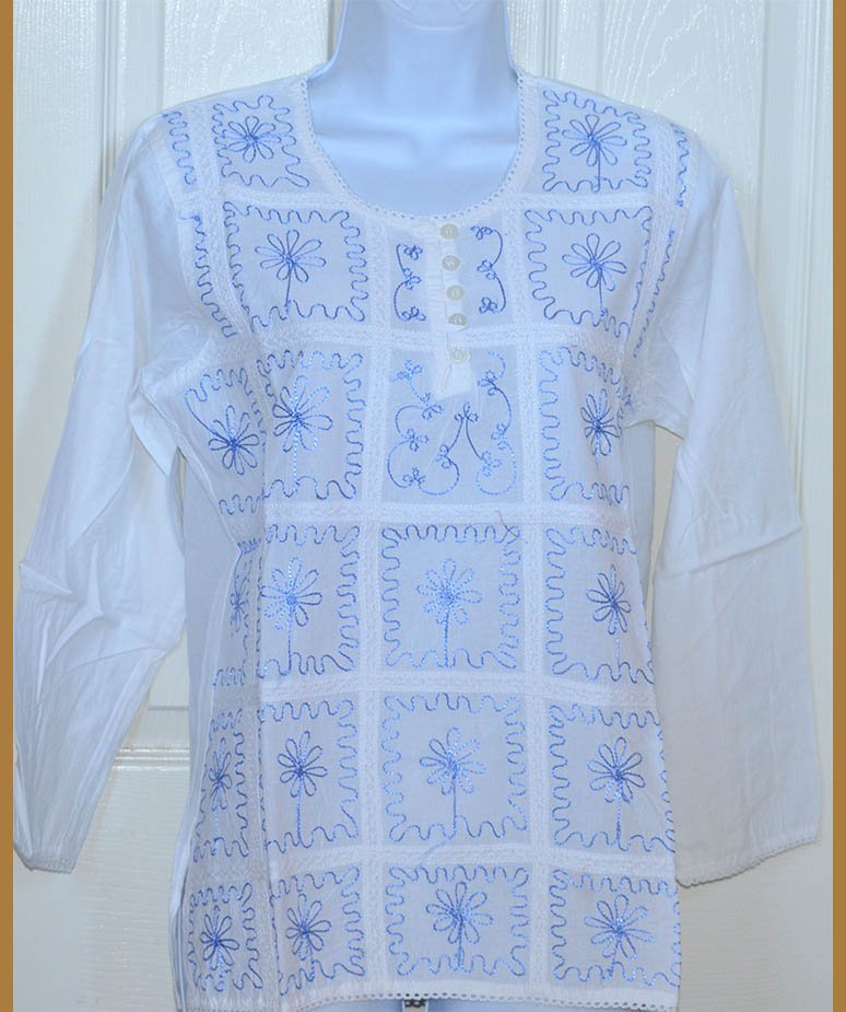 Embroidered White Cotton Tunic Top Kurti