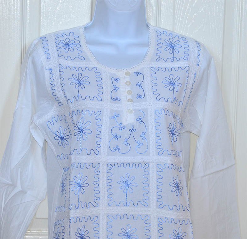 Embroidered White Cotton Tunic Top Kurti - Image 2