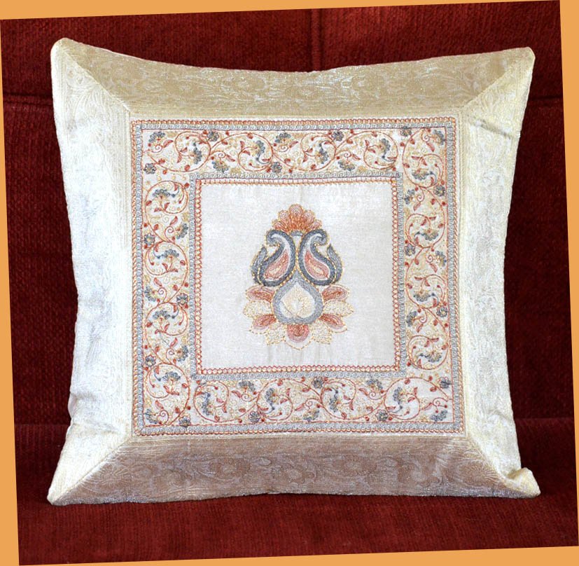 White Silk Embroidered Brocade Pillow Cover
