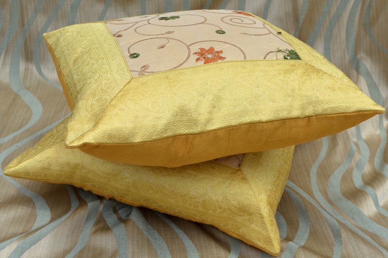 Set of 2 Yellow Beige Silk Embroidered Pillow Cover